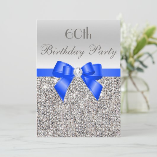 60e verjaardag Silver Sequin Royal Blue Bow Diamon Kaart (Staand voorkant)