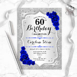 60e verjaardag - Silver Stripes Royal Blue Rozen Kaart<br><div class="desc">Uitnodiging 60e verjaardag. Elegant bloemontwerp in zilver en koningsblauw. Met faux glitter Silver Strees,  sapphire rozen stijlvolle scriptlettertypen en confetti. Ideaal voor een glam verjaardagsfeestje.</div>