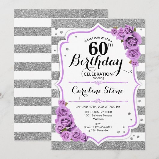 60e verjaardag - Silver White Stripes Paarse Rozen Kaart (Voorkant / Achterkant)