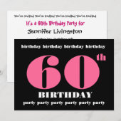 60e verjaardag Sjabloon uitnodiging roze zwart (Voorkant / Achterkant)