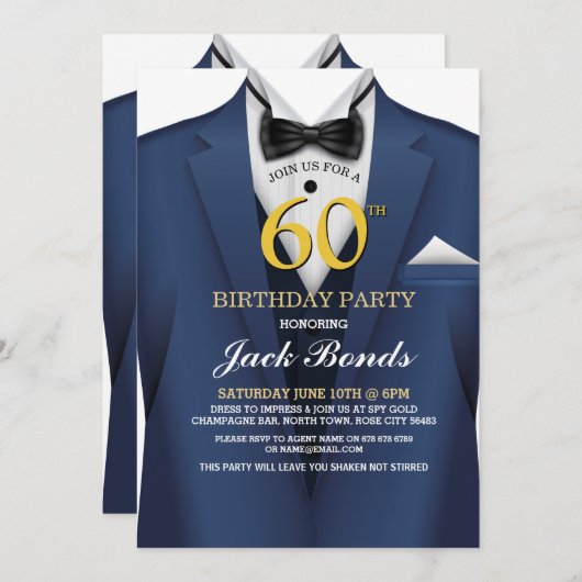 60e verjaardag Spy Suit Navy stropdas Gold Invitat Kaart (Voorkant / Achterkant)