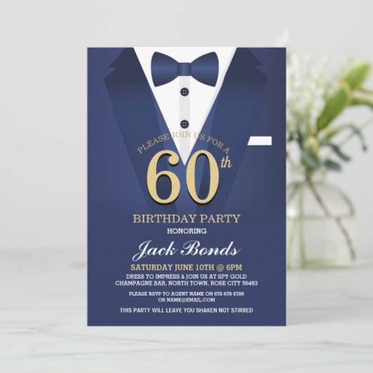 60e verjaardag Spy Suit Zwart Stropdas Goud Navy Kaart (Staand voorkant)