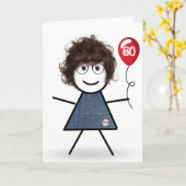 60e verjaardag Stick Girl met rode ballon Kaart (Gele Bloem)