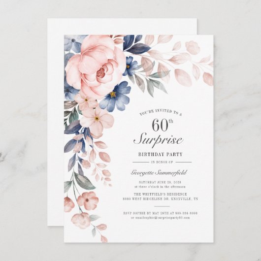 60e verjaardag Stusty Blue Botanical Script Kaart (Voorkant / Achterkant)