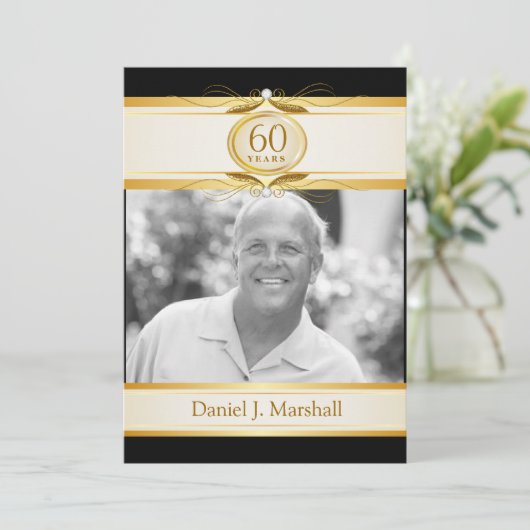 60e verjaardag Surpise Party - Black Gold Monogram Kaart (Staand voorkant)