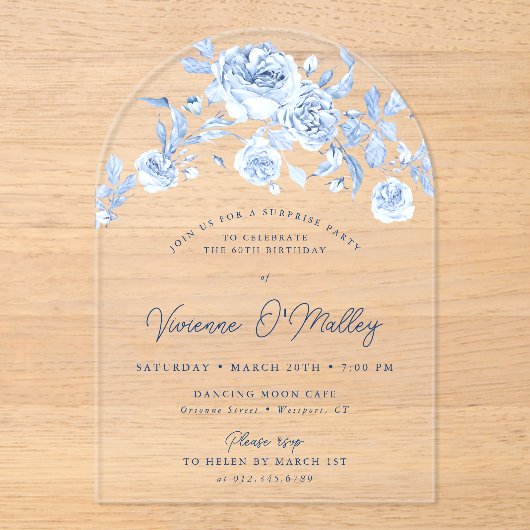 60e Verjaardag Surprise Party Blauwe Bloemenboog Acryl Uitnodigingen (Voorkant)