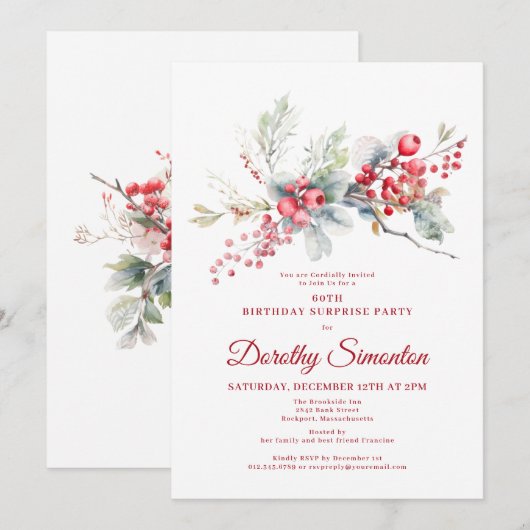 60e verjaardag Surprise Party Greenery Red Berry Kaart (Voorkant / Achterkant)