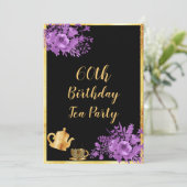 60e verjaardag theefeestje zwarte gouden paars kaart (Staand voorkant)