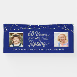 60e verjaardag toen & nu foto's blauw zilveren lic spandoek