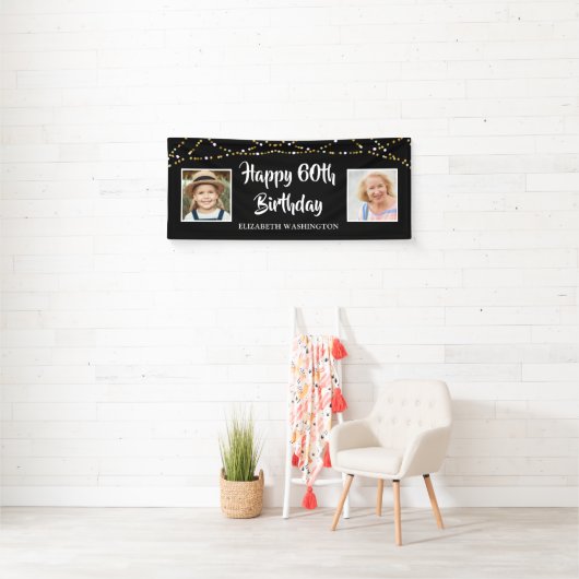 60e verjaardag toen & nu foto's Lights Zwart Spandoek (Insitu)