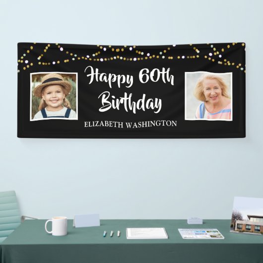 60e verjaardag toen & nu foto's Lights Zwart Spandoek (Beurs)