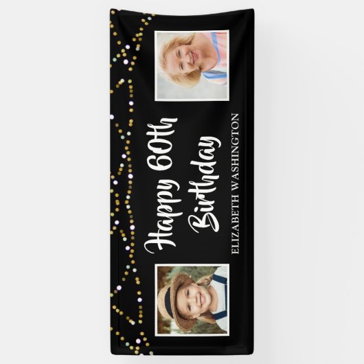 60e verjaardag toen & nu foto's Lights Zwart Spandoek (Verticaal)