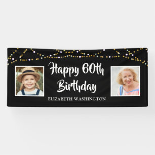 60e verjaardag toen & nu foto's Lights Zwart Spandoek
