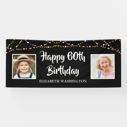 60e verjaardag toen & nu foto's Lights Zwart Spandoek (Horizontaal)