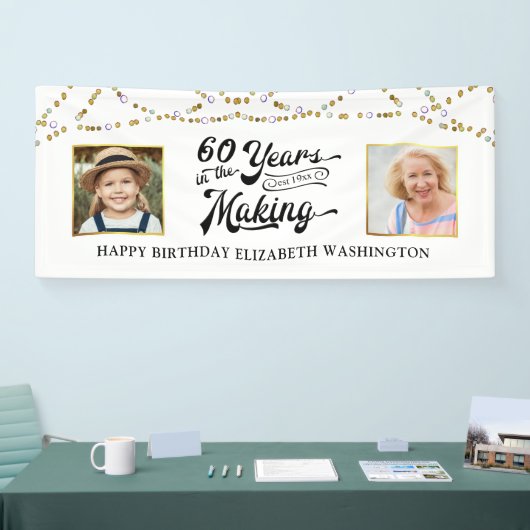 60e verjaardag toen & nu foto's zwart gouden licht spandoek (Beurs)