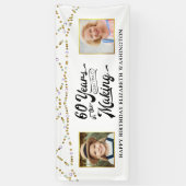 60e verjaardag toen & nu foto's zwart gouden licht spandoek (Verticaal)