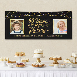 60e verjaardag toen & nu foto's zwart gouden licht spandoek