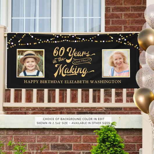 60e verjaardag toen & nu foto's zwart gouden licht spandoek