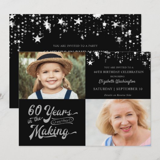 60e verjaardag toen & nu foto's zwart zilveren ste kaart (Voorkant / Achterkant)