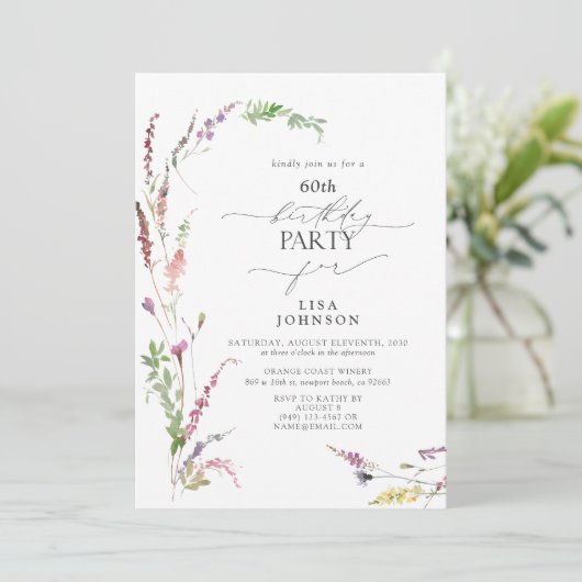 60e verjaardag Trendy Elegant Wildflower Floral Kaart (Staand voorkant)