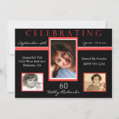 60e verjaardag Tri Photo Invitations Black & Red Kaart (Voorkant)