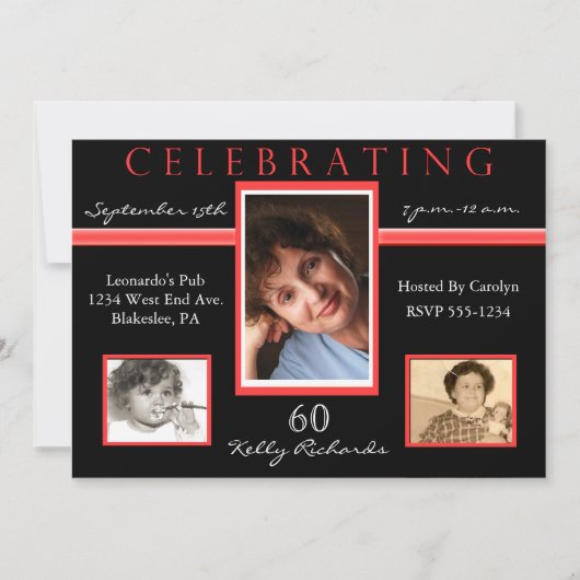 60e verjaardag Tri Photo Invitations Black & Red Kaart (Voorkant)