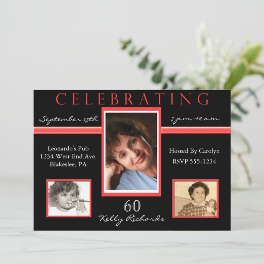 60e verjaardag Tri Photo Invitations Black & Red Kaart (Staand voorkant)