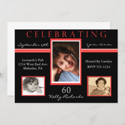 60e verjaardag Tri Photo Invitations Black & Red Kaart (Voorkant / Achterkant)