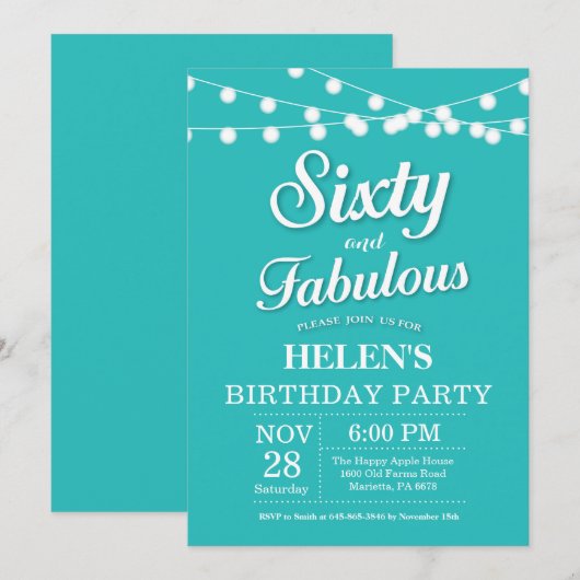 60e verjaardag uitnodiging Aqua Turquoise Fabulous (Voorkant / Achterkant)