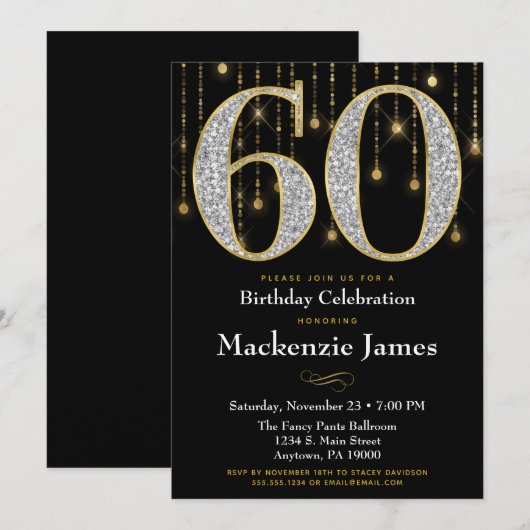 60e verjaardag Uitnodiging Black Gold Diamonds Adu (Voorkant / Achterkant)