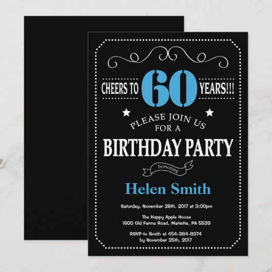 60e verjaardag uitnodiging blauw en zwart schoolbo (Voorkant / Achterkant)