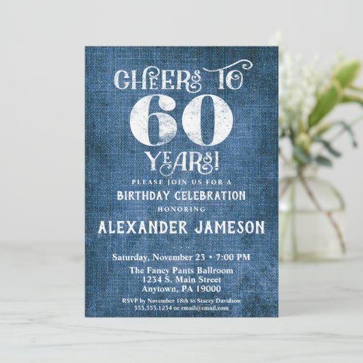 60e verjaardag Uitnodiging Blauwe linen Rustic Che (Staand voorkant)