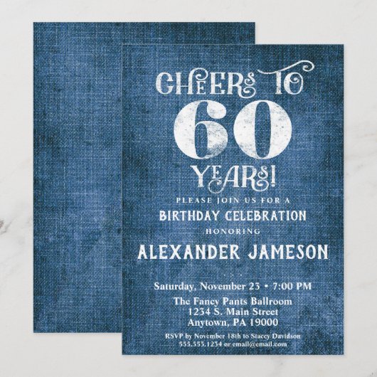 60e verjaardag Uitnodiging Blauwe linen Rustic Che (Voorkant / Achterkant)