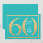60e verjaardag Uitnodiging Blauwgroen en Gold Glit (Voorkant / Achterkant)