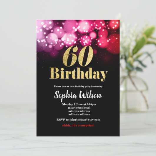 60e verjaardag uitnodiging elegant glitter roze ro (Staand voorkant)