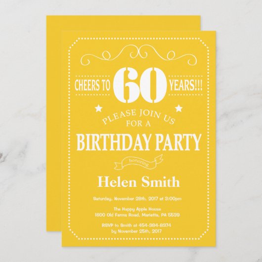 60e verjaardag uitnodiging geel en wit (Voorkant / Achterkant)