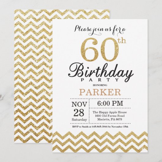 60e verjaardag uitnodiging Gold Glitter (Voorkant / Achterkant)