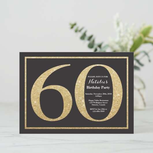 60e verjaardag uitnodiging Gold Glitter schoolbord (Staand voorkant)