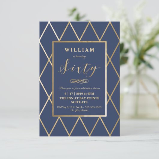 60e verjaardag uitnodiging - goud, elegant, klein (Staand voorkant)