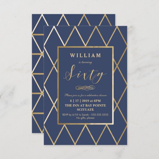 60e verjaardag uitnodiging - goud, elegant, klein (Voorkant / Achterkant)