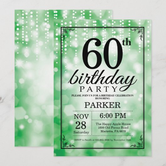 60e verjaardag uitnodiging Green Glitter (Voorkant / Achterkant)