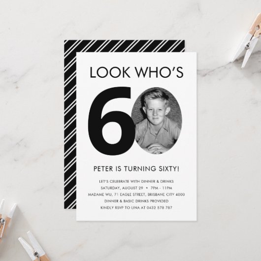60e verjaardag Uitnodiging met foto (Voorkant / Achterkant in situ)