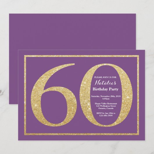 60e verjaardag Uitnodiging Paars en Gold Glitter (Voorkant / Achterkant)