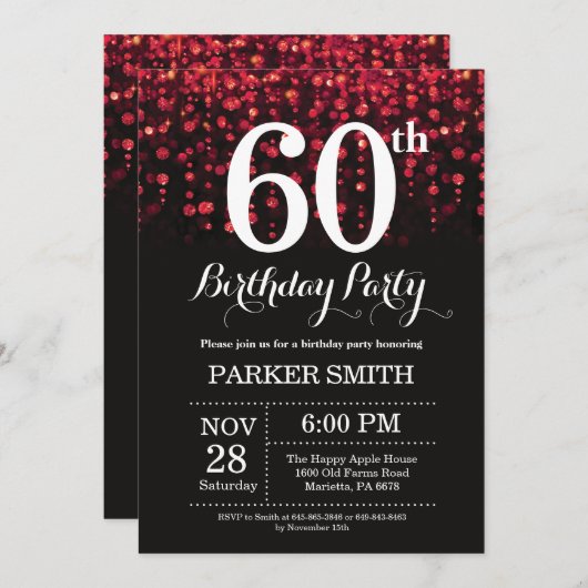 60e verjaardag uitnodiging Red Glitter (Voorkant / Achterkant)