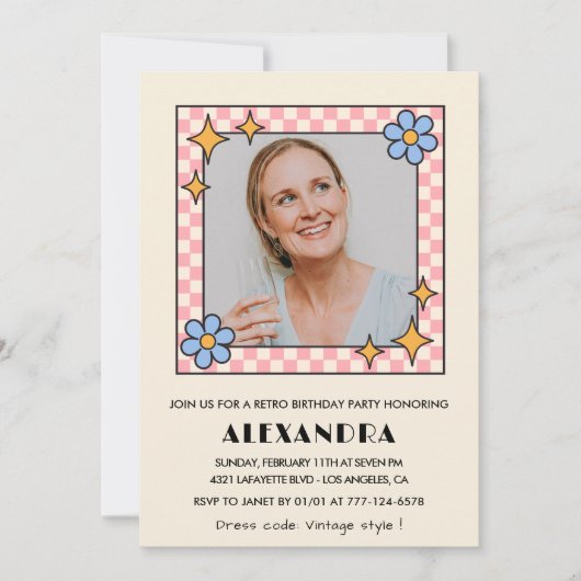 60e verjaardag uitnodiging Retro Groovy Blue Flora (Voorkant)