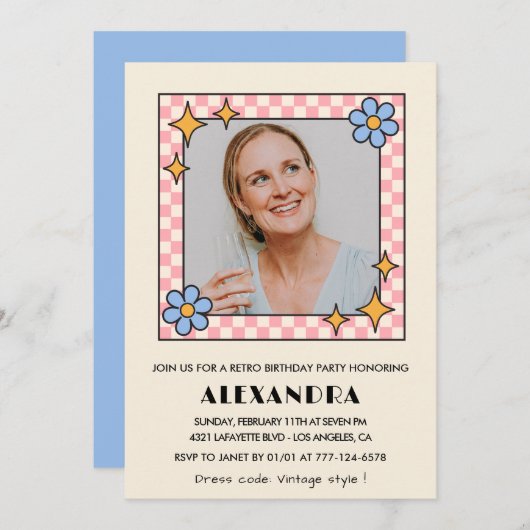 60e verjaardag uitnodiging Retro Groovy Blue Flora (Voorkant / Achterkant)