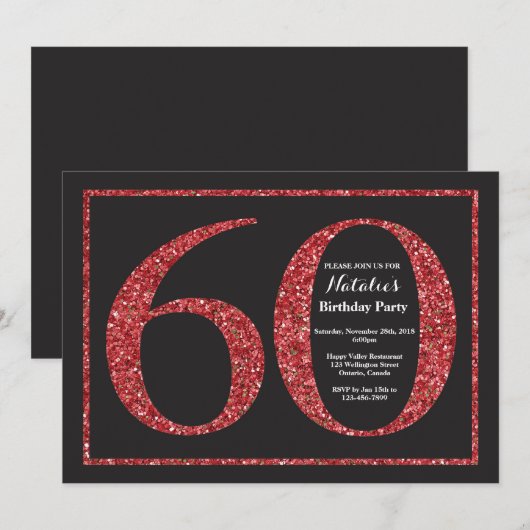 60e verjaardag uitnodiging rode glitter krijtbord (Voorkant / Achterkant)