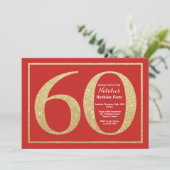 60e verjaardag uitnodiging rood en goud glitter (Staand voorkant)