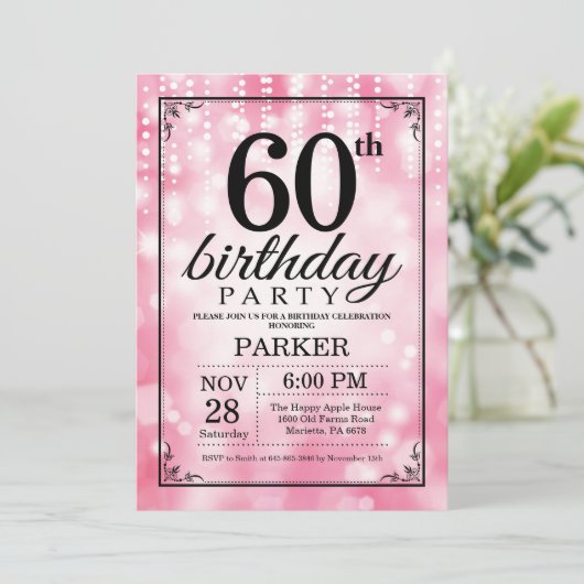 60e verjaardag uitnodiging roze glitter (Staand voorkant)