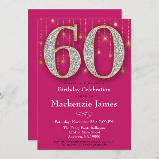 60e verjaardag Uitnodiging Roze Gold Diamonds Adul (Voorkant / Achterkant)